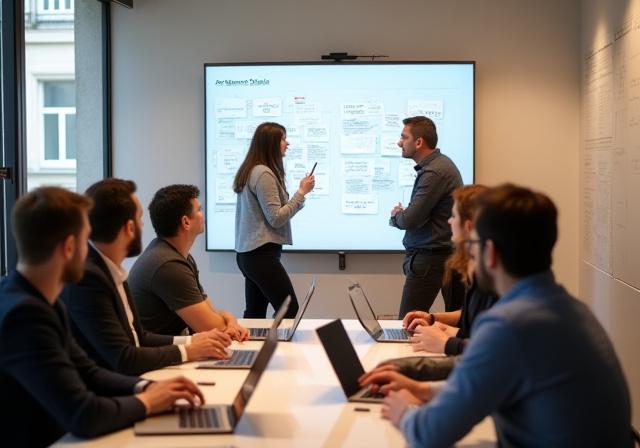 Il team di Artigiano Digitale in una sessione di brainstorming nel loro ufficio di Roma.